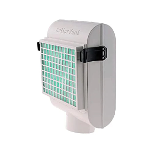 Product image of a BetterVent indoor dryer vent system with a clean, grid-style filter on the front and black side latches. The unit is shown isolated on a white background, highlighting its compact and functional design.